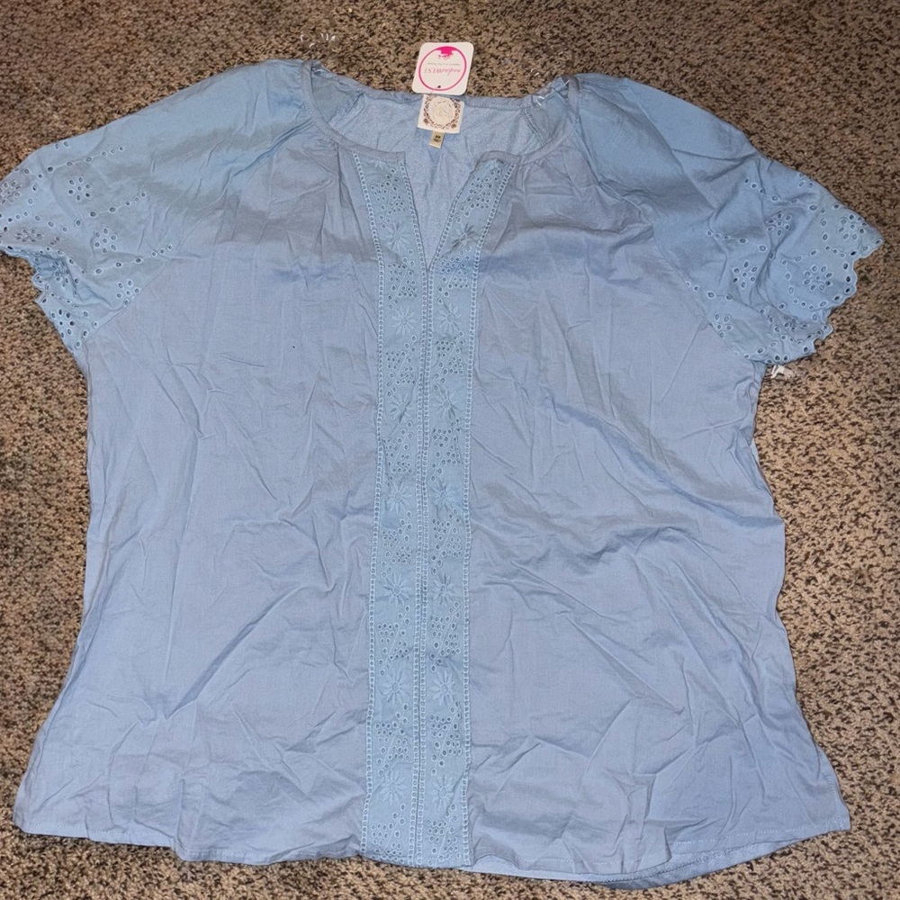 TruSelf Light Blue Embroidered Eyelet Blouse | 2X | NWT